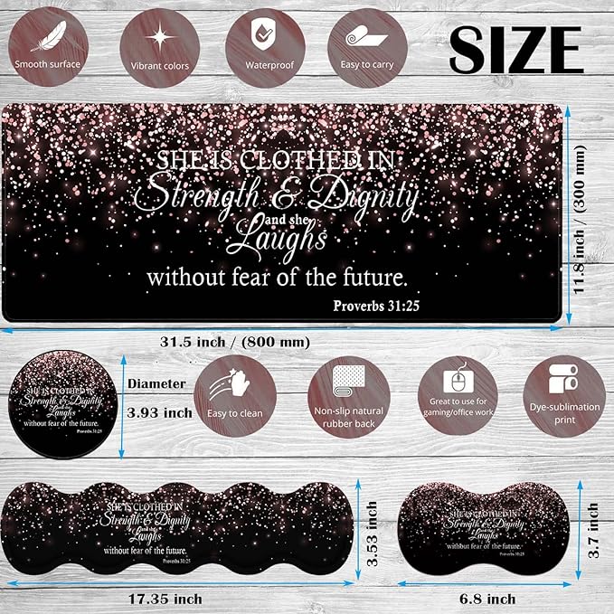 Gaming Mouse Pad Set Large Gaming Mouse Pad+Keyboard Wrist Rest+Mouse Wrist Rest+Coaster Easy Typing Pain Relief 31.5 × 11.8 inch Desk Mat for Home Office Proverbs 31:25