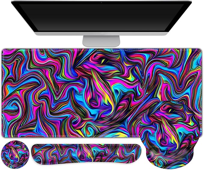 Gaming Mouse Pad Large Desk Mat Cute Desk Pad Protector 4in1 XXL Mousepad + Keyboard Wrist Rest+Mouse Wrist Rest+Coaster Set with Ergonomic Desk Pad for Home Office Computer Dazzling Bright Color