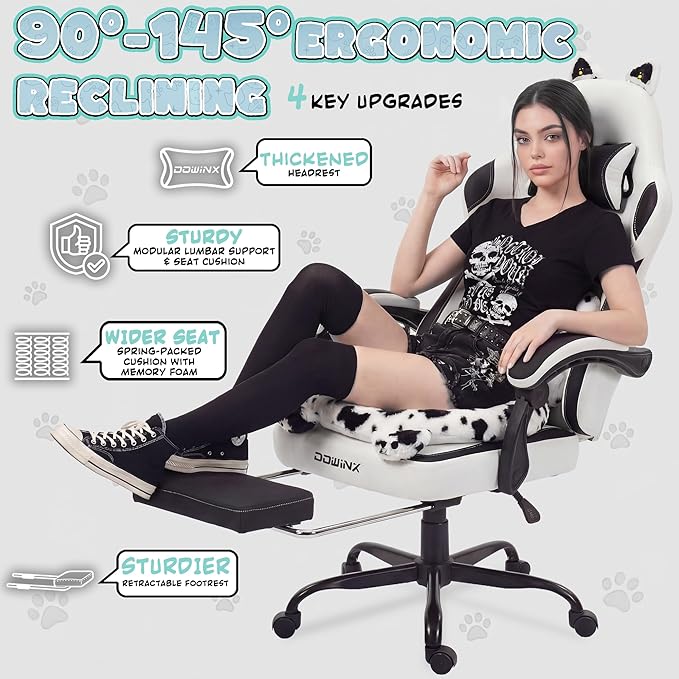 Dowinx Gaming Chair with Cat Ears and Paw Lumbar Pillow Ergonomic Reclining Chair Memory Foam and Spring Cushion Footrest 300lbs Capacity Cute and Comfortable Design for Women &amp Girls