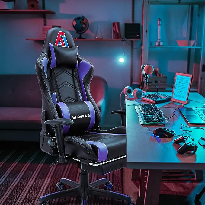 AA Products High Back Ergonomic Gaming Chair with Footrest Lumbar Support Swivel Adjustable for Gamers - Black/Purple