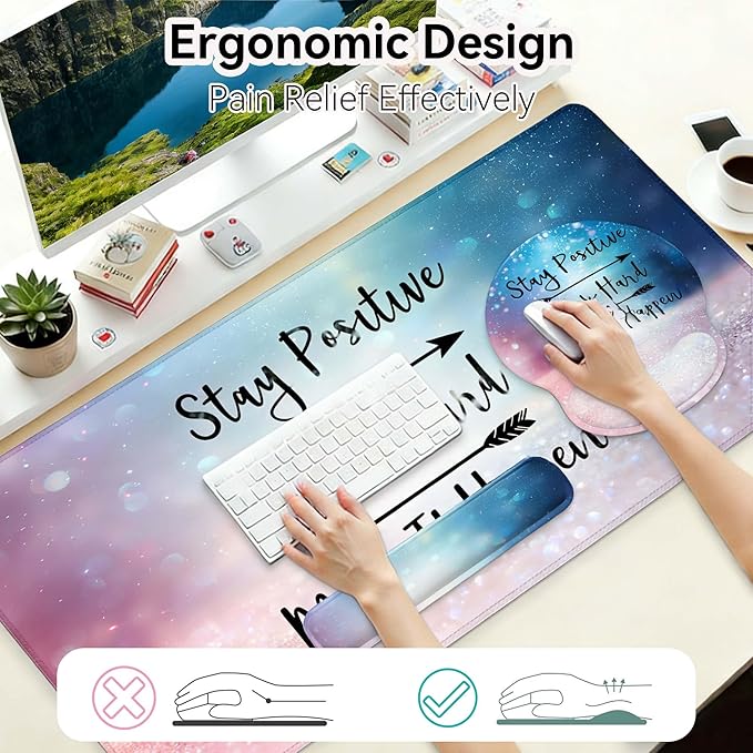 Desk Mat Set + Keyboard and Mouse Pad with Wrist Rest Support4-in-1 Large Mousepad Computer Mats for Desktop Home &amp Office-Glitter Pink Blue