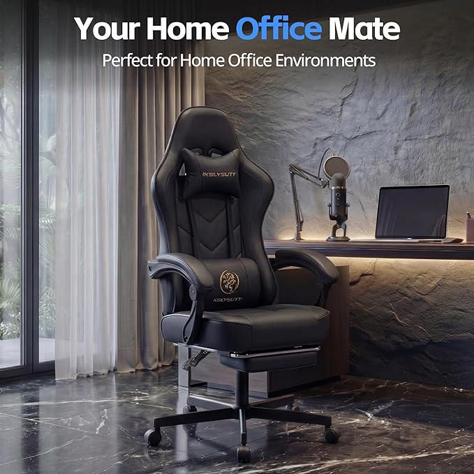 Desk Computer Gaming Chair - High Back Ergonomic Office Chair with Footrest and Lumbar Support Swivel Comfy Home Gamer Video Game Chairs with Pocket Spring Cushion for Adults (Black Leather)