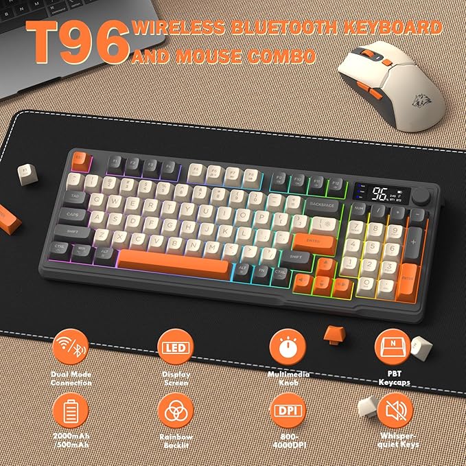 ZIYOU LANG T96 Wireless Gaming Keyboard and Mouse ComboDual Bluetooth//2.4G RGB Backlit Mechanical Feeling Keyboard with Smart Display &amp Knob4000 DPI Gaming Mouse for PC Laptop Mac Wins-Shimmer