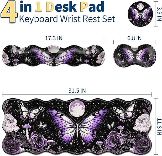 4-Piece XXL Gaming Mouse Pad Set (31.5x11.8) with Keyboard Wrist Rest Mouse Wrist Support &amp CoasterErgonomic Non-Slip Desk Mat for Office &amp HomePurple Butterfly Flower