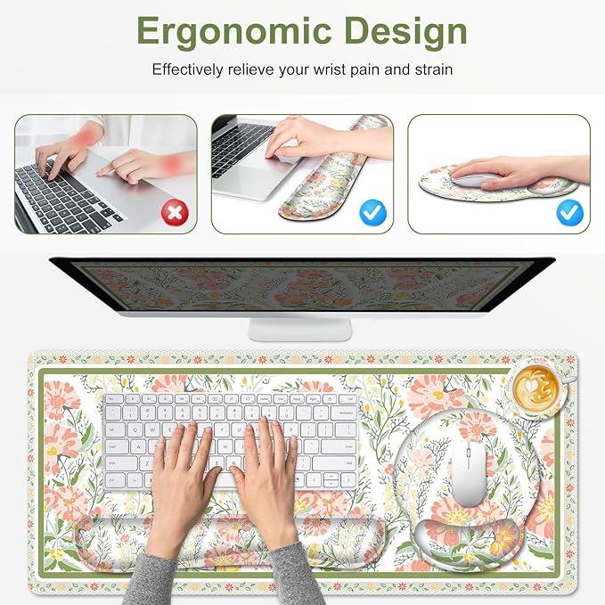 Desk Mat 4in1 Large Mouse Pad with Wrist Rest Cute Desk Matt for Desktop Deskpad Mat Anti-Slip XXL Computer Ergonomic Mousepad with Wrist Support for Keyboard and Mouse I Elegant Daisy Florals