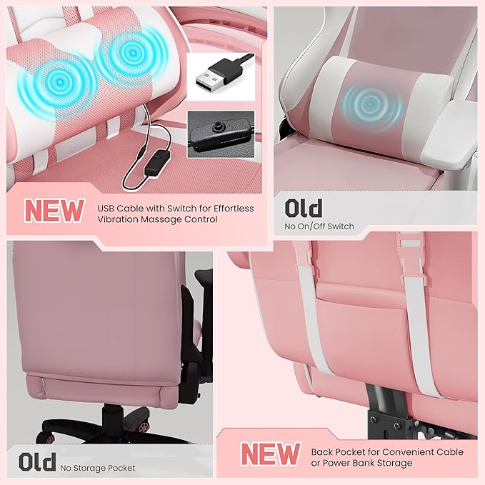 Yaheetech Gaming Chair Video Game Chair with Massage Lumbar Support and Footrest Height Adjustable Ergonomic Computer Chair with Swivel Seat and Headrest Pink/White