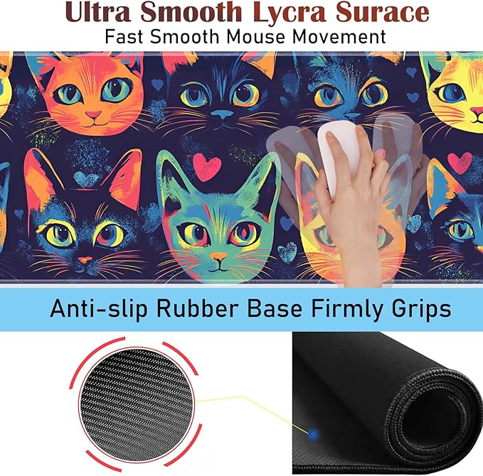 Large Gaming Table Pad 31.5 x 11.8 + Keyboard Wrist Pad + Mouse Wrist Pad + Coaster Non-Slip Base 4-in-1 Set Ergonomic Memory Foam Easy Typing Pain Relief Watercolor Cat Face