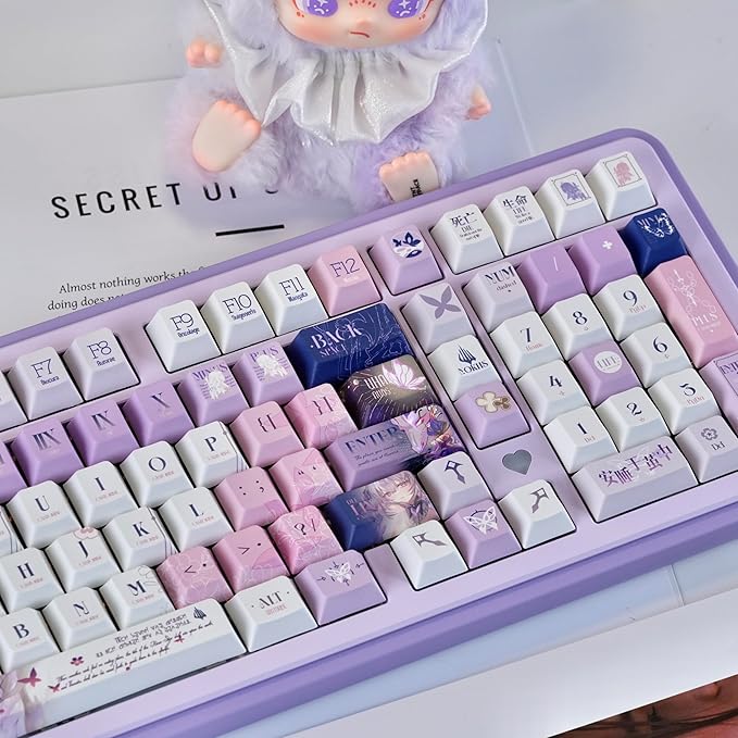 PBT Custom Keycaps 130 Keys Japanese Anime Purple Keycaps Cherry Profile Dye Sublimation Keycap Manga Style Key Cap Set for 60% 65% 75% TKL 100% Mechanical Keyboard