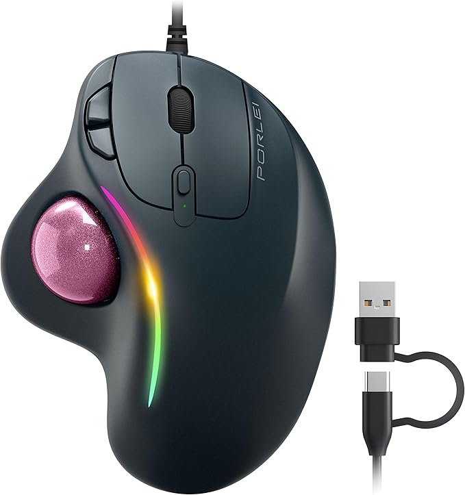 Wired Trackball Mouse with RGB Lighting Ergonomic Thumb Control to Reduce Muscle Strain 5 Adjustable DPI Dual USB-C &amp USB-A Connectivity Compatible with PC Laptop Mac Windows-Pink