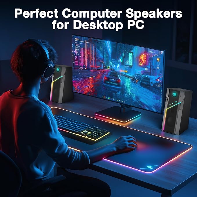 RGB Computer Speakers with Bluetooth 5.1 2.0 USB Powered Desktop Speakers with 21 RGB Light Modes Touch Control 3.5mm AUX Stereo Sound and Heavy Bass for PC Gaming and Office