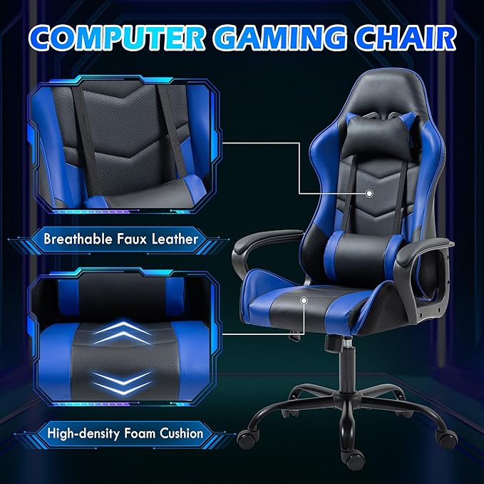 ECOTOUGE Gaming Chair Ergonomic Video Game Chair with Massage Lumbar Support &amp Rocking High Back 360° Swivel Computer Gamer Chair for Gaming or Office Height Adjustable Blue