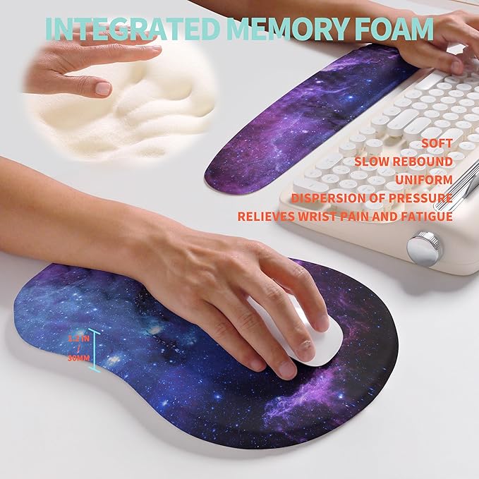 2-in-1 Ergonomic Set Wave Rise Keyboard Wrist Rest and Massage Bulge Slope Mouse Pad Wrist Support Cushion Memory Foam Integrated to Relieve Wrist Pain Galaxy