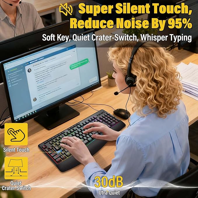 Wireless Bluethooth Gaming Keyboard8 RGB Backlit light upSilent Touch Less Noise 95%Ergonomic Wrist RestUSB C RechargeableTri-mode BT5.0/2.4GHz/WiredFor PC Computer/Mac/Laptop/IPad/Xbox/PS5