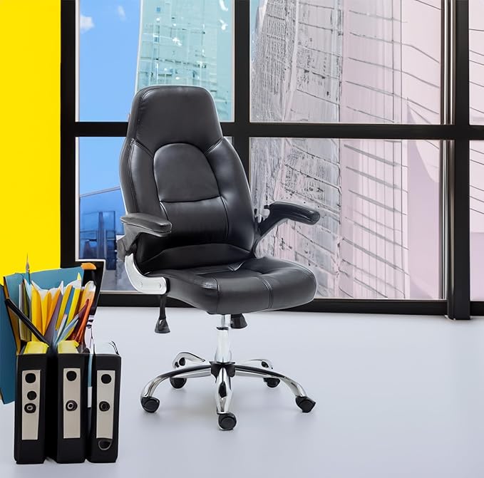 BTEXPERT Swivel Adjustable Black Home Office Gaming Chair Executive Flip up Arms with Lumbar Support Headrest PU Leather Executive High Back for Computer Adults Women Men