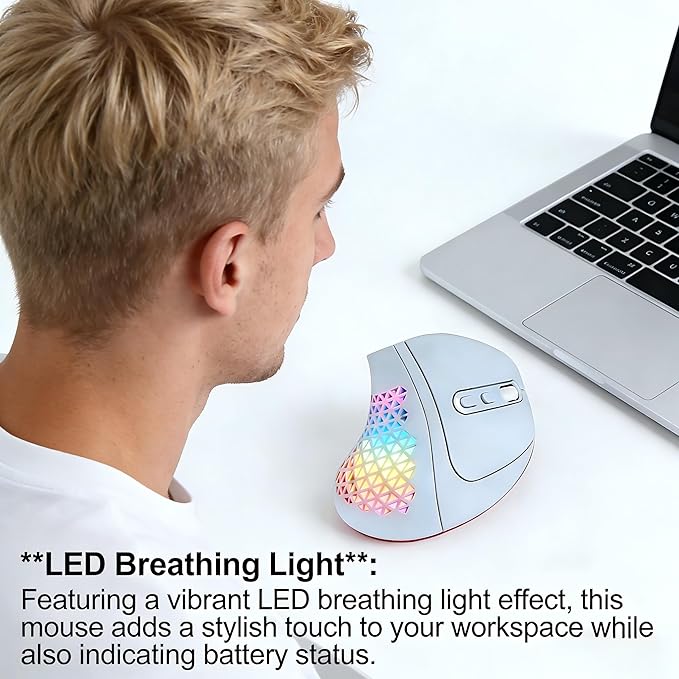 Bluetooth Wireless Dual-Mode Vertical Mouse - Silent Click Ergonomic Comfort for Office &amp Home Use Rechargeable with LED Breathing Light Compatible with Multiple Devices (Blue)