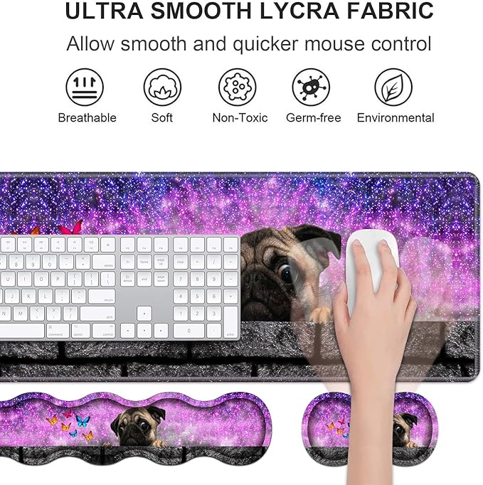 Ergonomic Keyboard Wrist Rest &amp Mouse Pad Wrist Rest Set Large XXL Gaming Desk Mat 31.5x 11.8 with Non-Slip Base Memory Foam Easy Typing Pain Relief for Home &amp Office Cute Pug and Butter