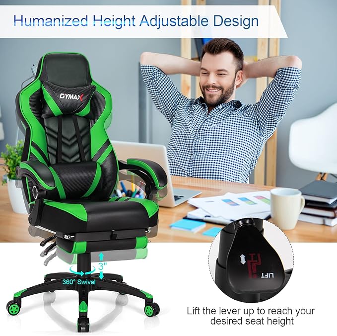 GYMAX Gaming Chair Ergonomic Computer Chair with Footrest Linkage Armrests &amp Lumbar Cushion Big Wide High Back Video Gaming Chair Reclining Office Rolling Chair for Adult/Teens (Green)