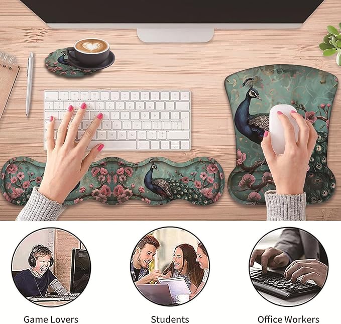 3 in 1 Keyboard Wrist Rest + Mouse Pad and Coaster Ergonomic Gel Mouse Pad and Keyboard Pad Set Comfortable Lightweight for Easy Typing Pain Relie Peacock