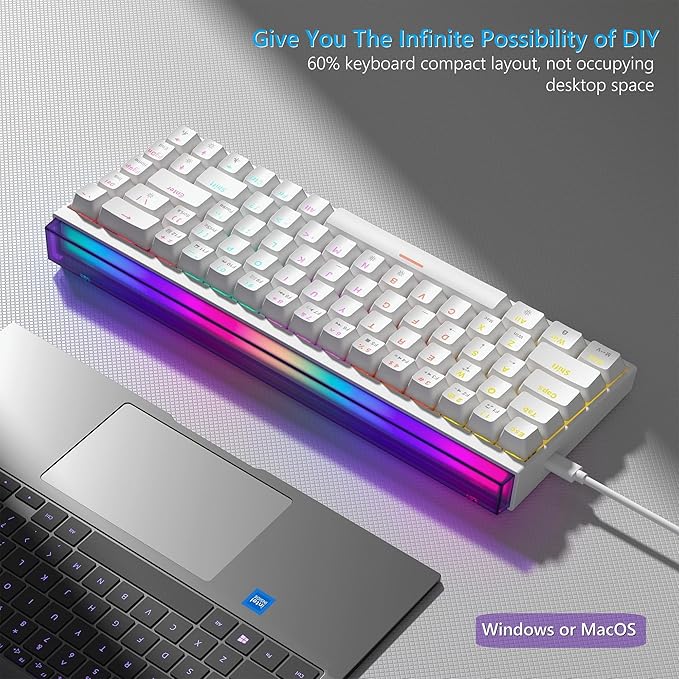 Womier 60% Percent Keyboard with Light Box Wired Keyboard Gaming Mechanical with MCA Keycaps OEM Profile Programable 64 Keys Hot Swap RGB Cream Key Board for PC Computer Win/MAC (WK68 PRO-White)