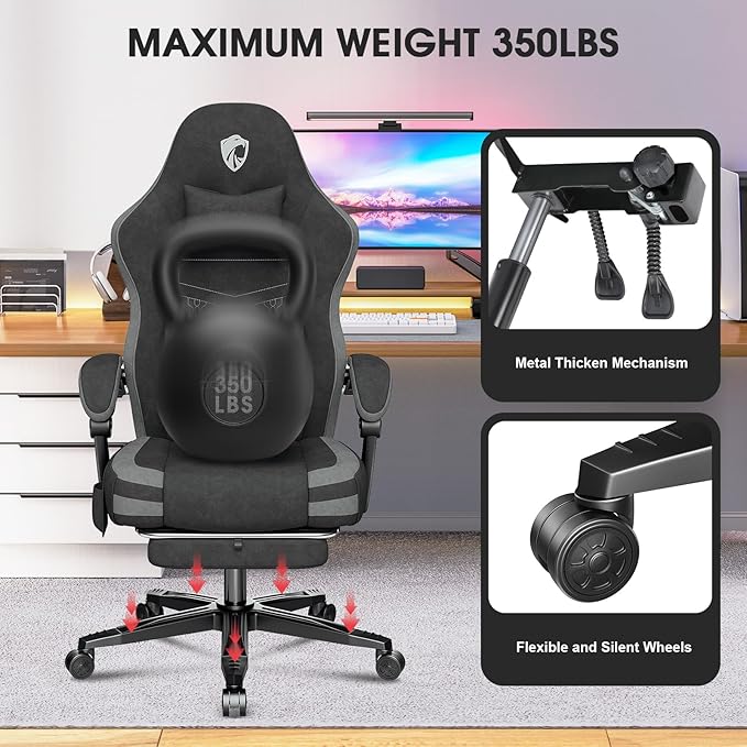 Gaming Chair Fabric Computer Office Chair with Massage Ergonomic Chair with Footrest Lumbar Support Pocket Spring Widened Cushion Metal Legs 350LBS Dark Gray