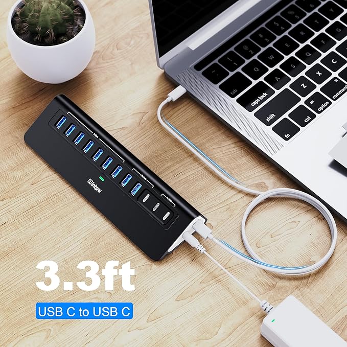 Powered USB Hub 10Gbps intpw YH9AC 12-Port USB C Hub with 10Gbps USB C 3.2 2 USB A 3.2 7 USB 3.0 2 PD 45W Charging Port 65W Power Adapter + 3.3FT Cable Aluminum USB Hub for Laptop/iPhone16/15/PC