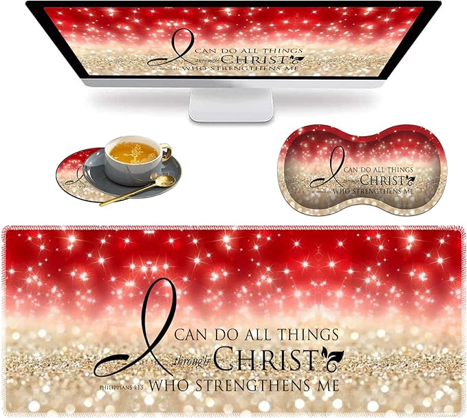 3 Piece Mouse Pad Set with Stitched Edge Large Anti-Slip Mouse Pad Desk Pad Keyboard Pad + Wrist Rest Pad + Coaster Memory Foam Wrist Rest for Office/Home - Bible Verse Pink Philippians 4-13