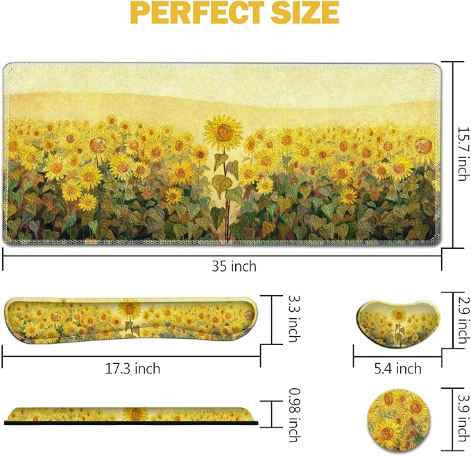 AIMSA Keyboard Mouse Pad Wrist Rest Extended Gaming Mouse Pad +Wrist Support Ergonomic Memory FoamXXL Large Mousepad 4Pcs (35×15.7 in) Desk Mat Sunflower Oil Painting