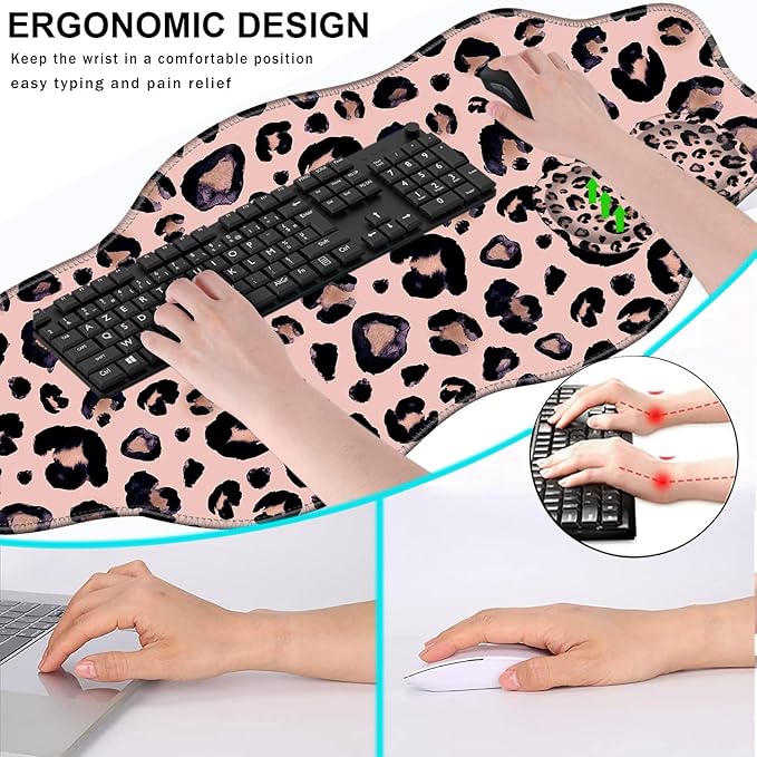 Mouse Pad with Wrist Support + Desk Mat + Coaster 3 in 1 Set XXL Large Gaming Mousepad Ergonomic Mouse Pads for Desk Computer Laptop OfficeCute Leopard