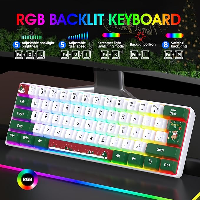 Snpurdiri 60% Wired Gaming Keyboard RGB Backlit Small Ultra-Compact 61 Keys 60 Percent Gaming Keyboard for PC/Mac Gamer Typist Travel Easy to Carry on Business Trip(Red Green White)