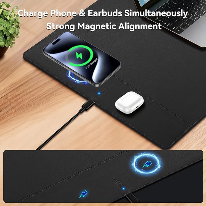 Wireless Charging Mouse Pad 15W Fast Charge Magnetic Charger Desk Pad Large Office Desk Mat (23.4x15.6) with Ultra-Smooth Surface Black Computer Mousepad for MacBook PC Laptop