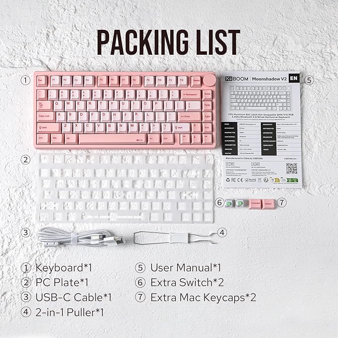 KiiBoom Moonshadow V2 75% Wireless Aluminum Gaming Keyboard QMK&ampVIA Programmable BT5.0/2.4GHz/USB-C Hot-Swappable Creamy Mechanical Keyboard with FR4 Plate Knob 4000mAh Battery (Pink)