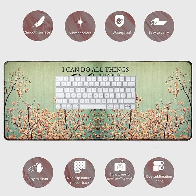 Large Gaming Mouse Pad + Mouse Wrist Rest Pad + Coaster Combination 31.5 x 11.8 Durable Non-Slip Extension Table Mat Suitable for Office and Home Philippians 4-13 Floral