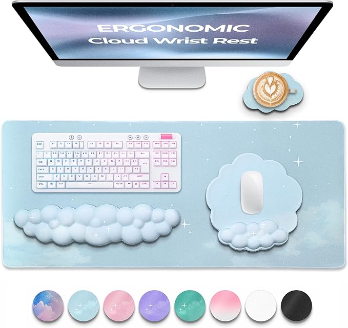 Premium Quality Cloud Wrist Rest Keyboard &amp Mouse Pad Set – Ergonomic Memory Foam Desk Accessories with Wrist Support for Office &amp Gaming – Baby-Blue-Sky