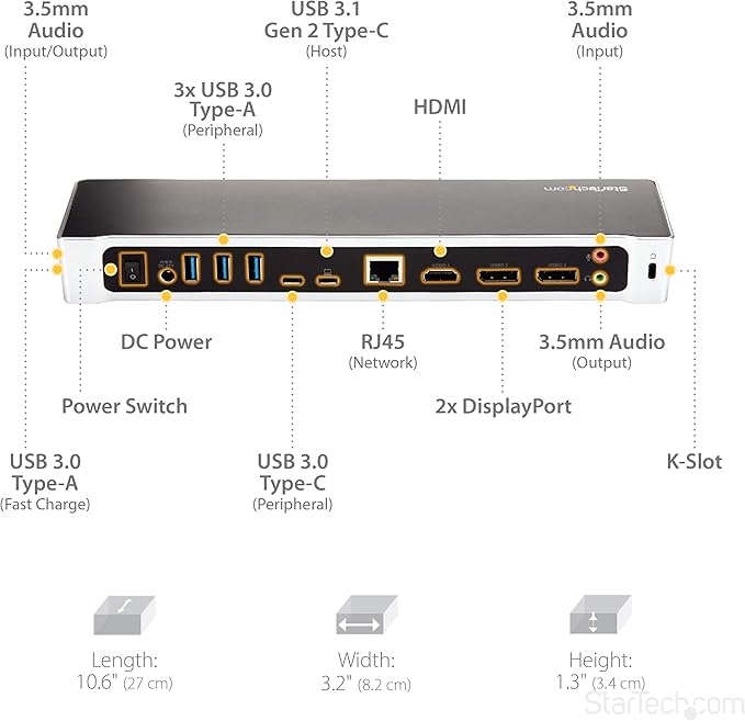 StarTech.com USB-C Triple Monitor Docking Station for MacBook Pro / Air M1 M2 M3 M4 &amp Windows Universal 4K HDMI DP Dock Thunderbolt Compatible 100W Laptop Charging - TAA Black Silver