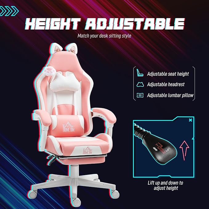 HOMCOM Racing Gaming Chair with Cat Ears Reclining Faux Leather Computer Chair with Footrest Lumbar Support and Headrest Height Adjustable Gamer Chair with Swivel Seat and Wheels Pink