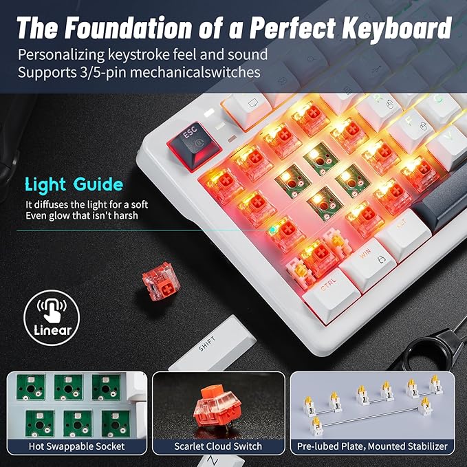 Hexgears 75% Wireless Mechanical Keyboard with Knob Hot Swappable Creamy Keyboard with Wrist Rest Pre-lubed Linear Switches 2.4GHz/Type-C/BT5.0 RGB Backlit Gaming Keyboards for Win/Mac (White)