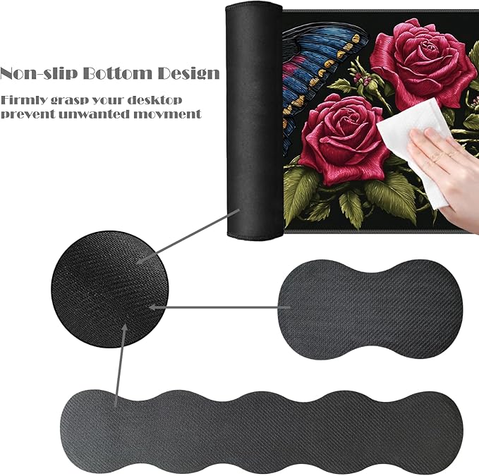 Ergonomic Keyboard Wrist Rest &amp Mouse Pad Wrist Rest SetXL Gaming Desk Mat 31.5x 11.8Non-Slip BaseMemory FoamEasy Typing Pain Relief for Office &amp HomeBlue Butterfly with Red Roses