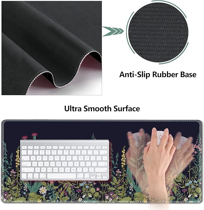 AIMSA Large Gaming Mouse Pad Set Keyboard Wrist Rest Support + Extended Mouse Pad + Mouse Wrist Cushion + Coaster Ergonomic Multifunctional Desk Mat 35x15.7in Anti-Slip Rubber Base (Flowers Plants)