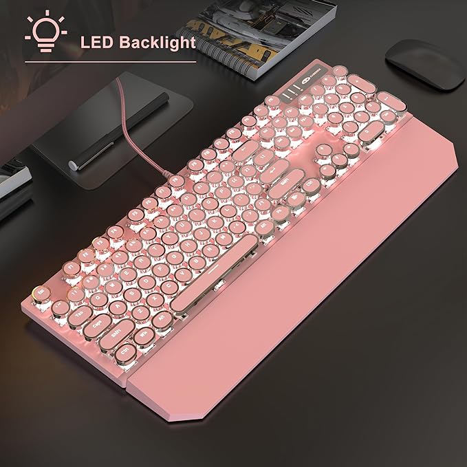 Typewriter Mechanical Gaming Keyboard and Mouse Combo Retro Punk Round Keycaps RGB Rainbow Backlit Wired Keyboard for Game and Office for Windows Laptop PC Red Switches(Pink)