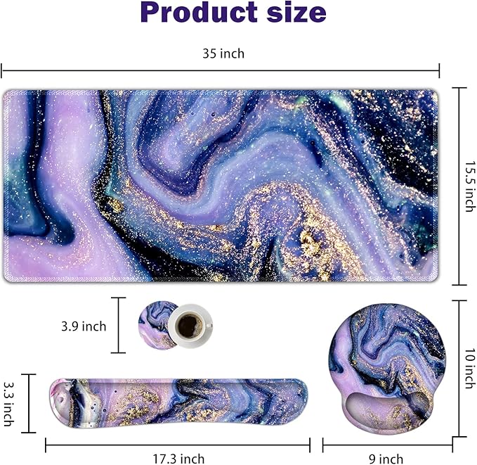 ARTSO Large Mouse Pad Ergonomic Keyboard Wrist Rest Support Combo Memory Foam Gel Wrist Pad Extended Desk Mat Protector Non-Slip Desk Blotter Purple Marble
