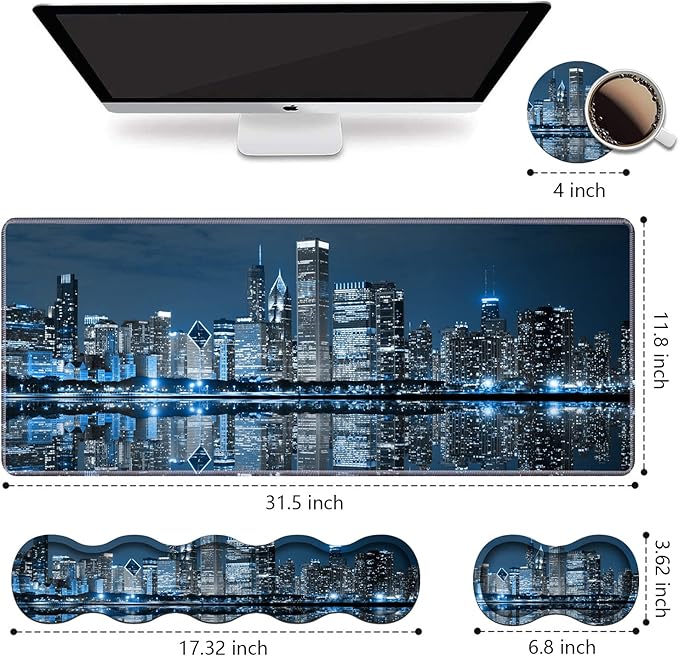Ergonomic Keyboard Wrist Rest &amp Mouse Pad Wrist Rest Set Large XXL Gaming Desk Mat 31.5x 11.8 Non-Slip Base Memory Foam Easy Typing Pain Relief for Office &amp Home Chicago Skyline Night V