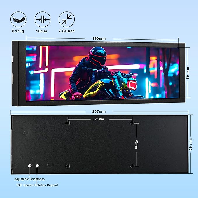 7.84 Inch HD Mini Monitor 1280x400 IPS Stretched Bar LCD Display with Casing for Computer Laptop Speed Temperature Aida64 CPU GPU Monitoring Secondary Screen
