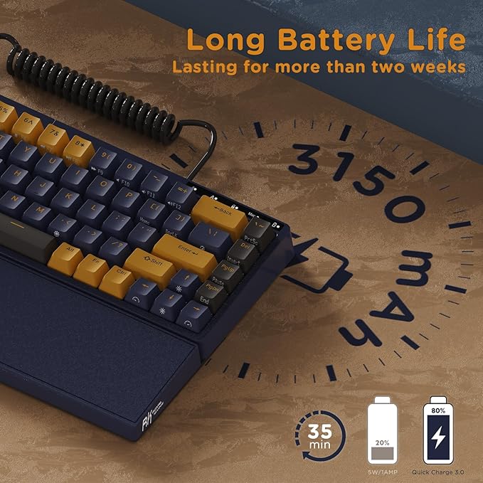 RK ROYAL KLUDGE RKS70 Ergonomic Split Keyboard Wireless PC Gaming Keyboard with Bluetooth/2.4G/Wired Hot Swappable Mechanical Keyboards w/Fixed Wrist Rest PBT Keycaps Tactile Switches Black