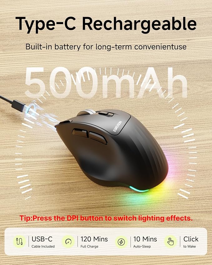 C2 Ergonomic Wireless Mouse RGB Rechargeable Ergonomic Bluetooth Mouses 2.4G with 4000 DPI Optical Tracking 5 Adjustable DPI Quiet Clicks Computer Mouse for Laptop PC Desktop - Black