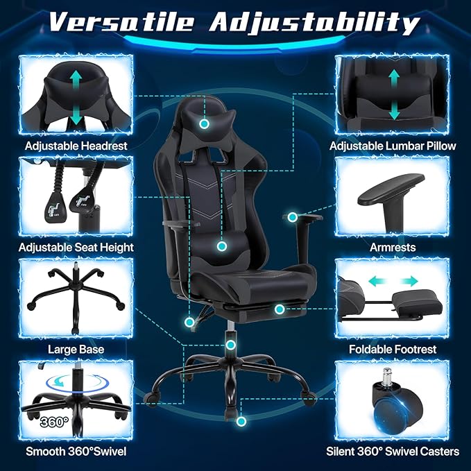 Ergonomic Gaming Chair with Footrest High Back PU Leather Office Desk Chair for Adults Teens Rolling Swivel Computer Chair (Grey)