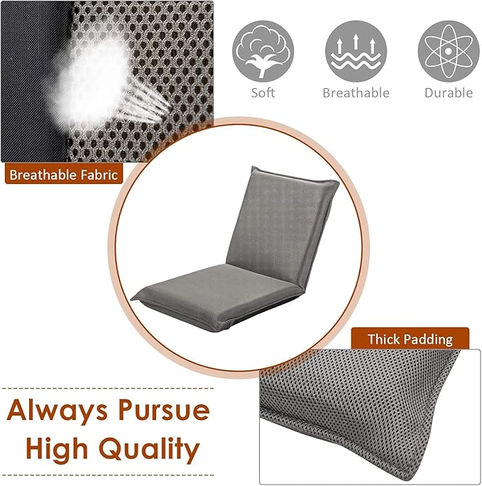 SIMOE Floor Chair with Back Support for Adults &amp Kids 6-Position Adjustable Padded Floor Chair Folding Sofa Chair for Video Gaming Meditation Reading Watching TV Grey
