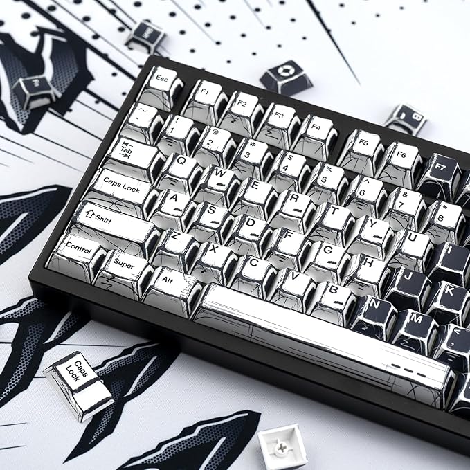 Black and White Manga Theme Keycaps 136 Keys Dye-Sublimation PBT Custom Keycap Set Cherry Profile Keyboard Keycaps for 60% 65% 70% 75% 100% Cherry Gateron MX Switches Mechanical Keyboard