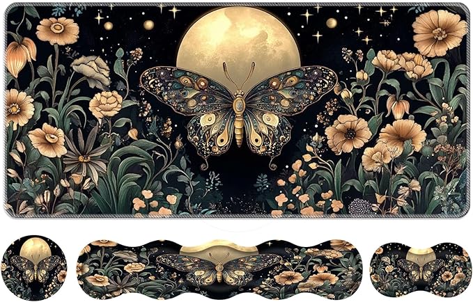 Keyboard Wrist Rest SetMemory Foam Wrist Support Mouse Pad31.5x11.8 Desk Mat for Comfortable Typing &amp Pain ReliefNon-Slip Base for Office &amp Home Use - Flower Butterfly Moon