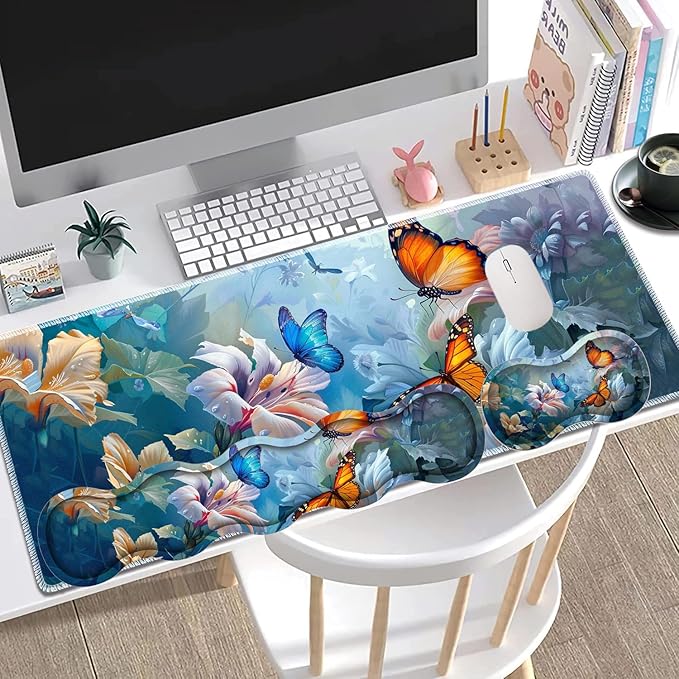 Large Gaming Mouse Pad + Keyboard Wrist Rest + Wrist Support + Coaster Set Memory Foam Ergonomic for Easy Typing XXL Extended Gaming Mouse Pad Table Pad - Painting Butterfly