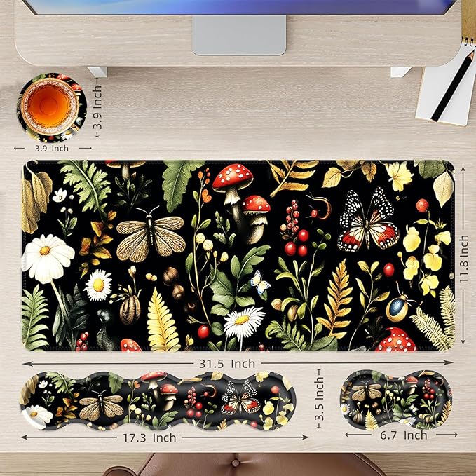 Large Mouse Pad and Keyboard Wrist Rest Desk Pad for Keyboard and Mouse 4-in-1 Large Gaming Mouse Pad with Wrist Support Desk Mat for Home Office Study GameMushroom Butterfly Flower